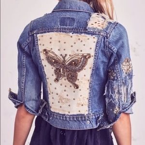 Rare Loveshackfancy Butterfly Beaded Denim Jacket